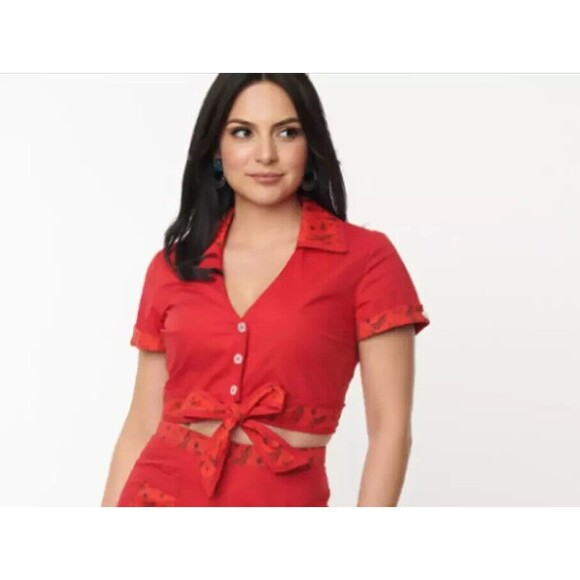 Unique Vintage X Jetson's XL Red Tie Front Crop Top Button Up Collared Shirt NWT - Picture 16 of 16